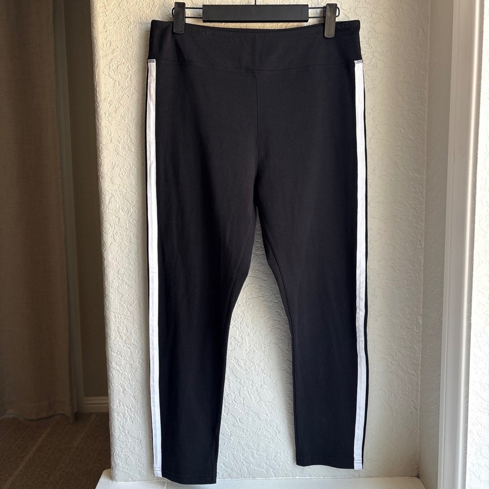 Womens L Cotton Leggings Black White Athletic Stripe Stretch‎ Yoga Capri